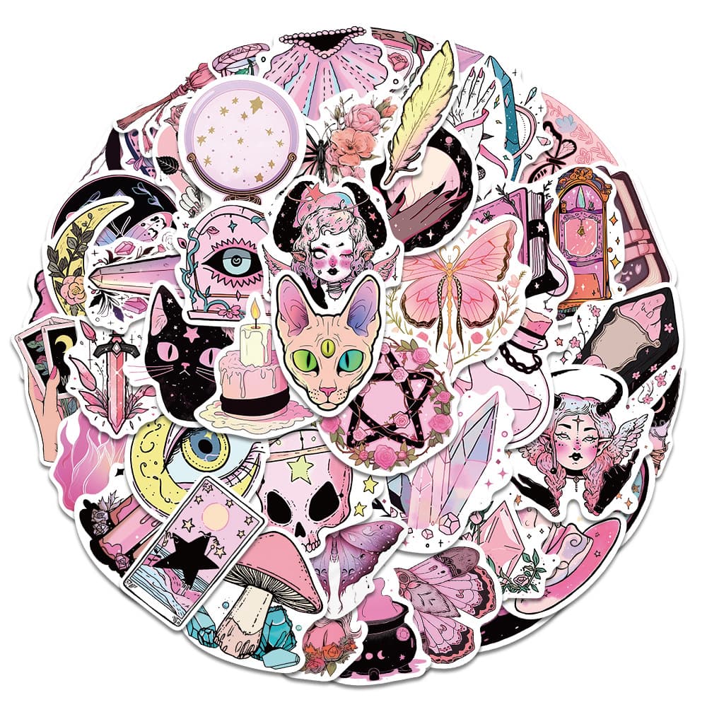 50 Pink Witch Cross-Border Graffiti Stickers for Skateboards, Computers, Suitcases, and Phone Cases, Cute Cartoon Designs