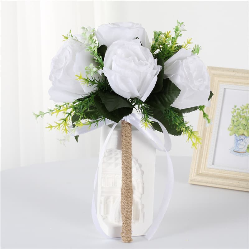Cross-border Wedding Bridesmaid Bouquet Creative Jute Handle Flower Bouquet Cross-border White Artificial Rose Bride Hand Bouquet