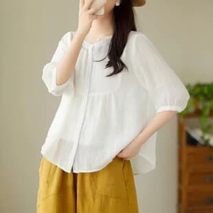 Solid Color Cotton Linen Summer New Doll Blouse for Women, Artistic and Elegant Loose Fit Slimming Linen Short Sleeve Shirt