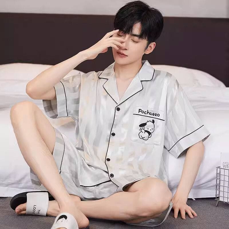 Men's Summer Ice Silk Short Sleeve Short Pajama Set, Imitation Silk Thin Style for Teens and Young Adults, Home Wear