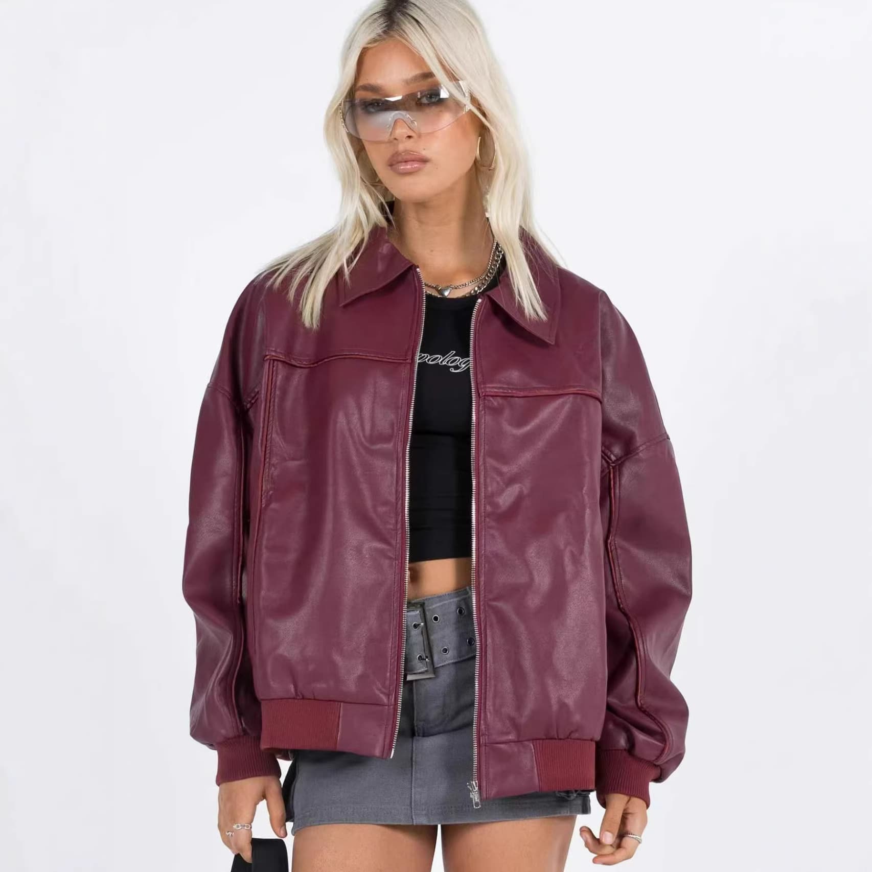 AliExpress Cross-Border Autumn Retro Washed Snowflake PU Leather Jacket Women's PU Coat Cross-Border Applicable Instructions