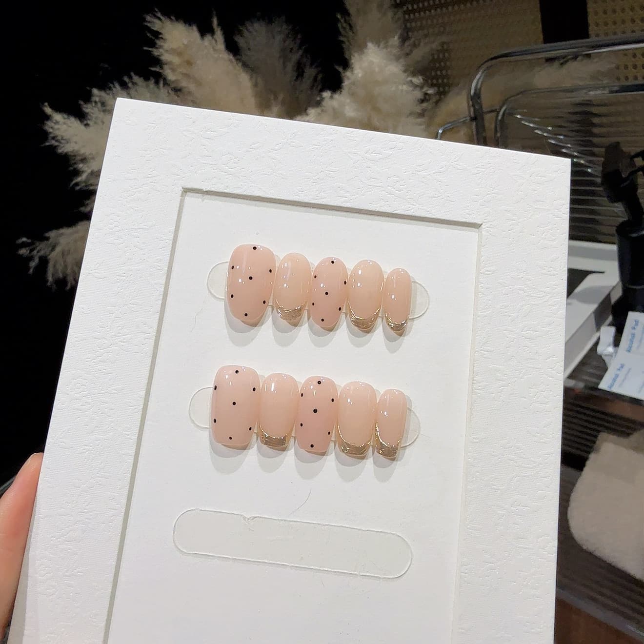 French Gradient Polka Dot Handmade Press-On Nails Glass Bead Cat Eye Nails Medium-Long Minimalist Nude Press-On Nails