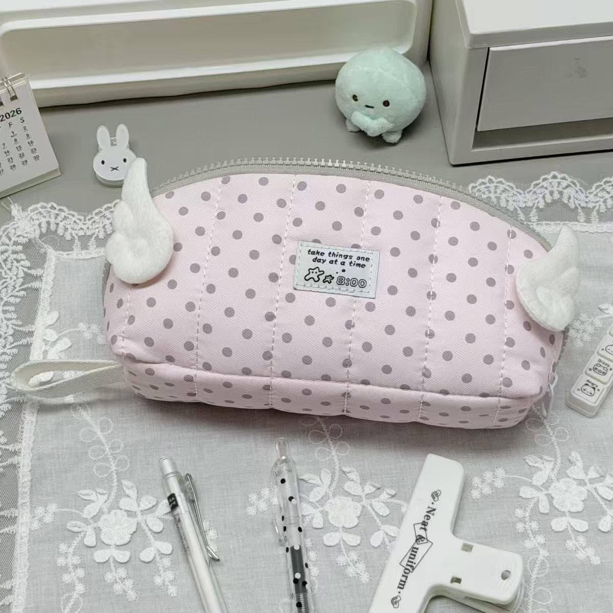 New pink polka-dot shell pen bag ins high-looking large-capacity student sandwich stationery storage bag cosmetic bag
