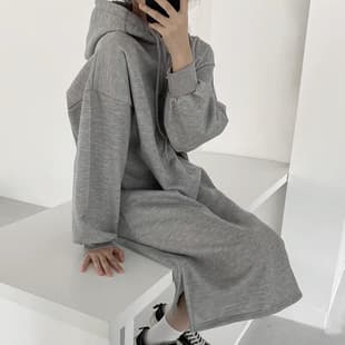 Autumn Winter Hooded Pullover Long Sweatshirt Dress for Women Korean Loose Slimming Midi Split Fleece Dress