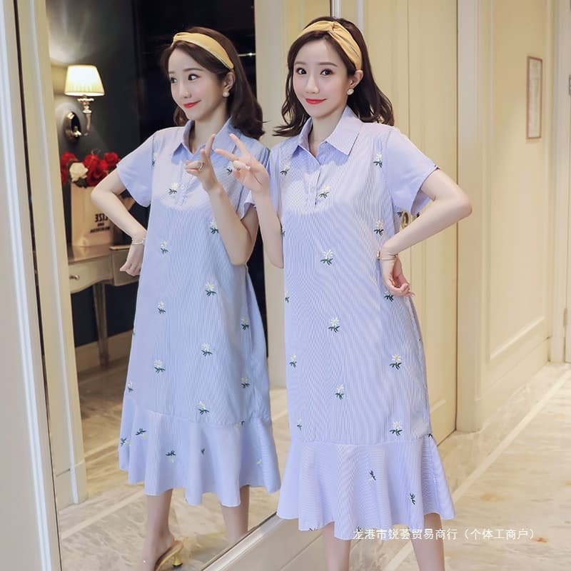 Factory Direct Wholesale New Summer Maternity Dress Striped Embroidered Mid-Length Plus Size Women's Maternity Dress