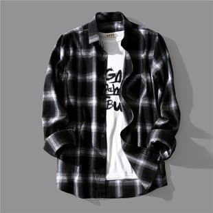 Autumn Japanese Black and White Grid Long-Sleeve Shirt for Men, Niche Vintage Hong Kong Style Loose Shirt, Versatile Jacket