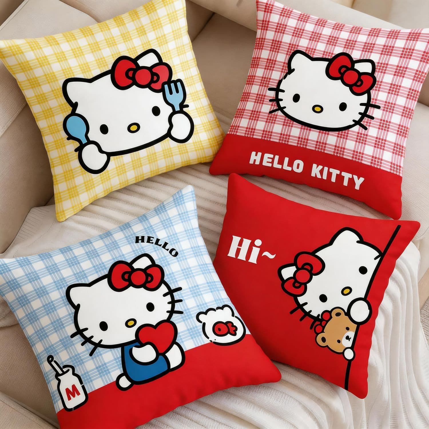 Cute Cartoon Kitten Cushion Hello Kitty Peripheral Cushion Girls Heart Plaid Nap Cushion Birthday Gift