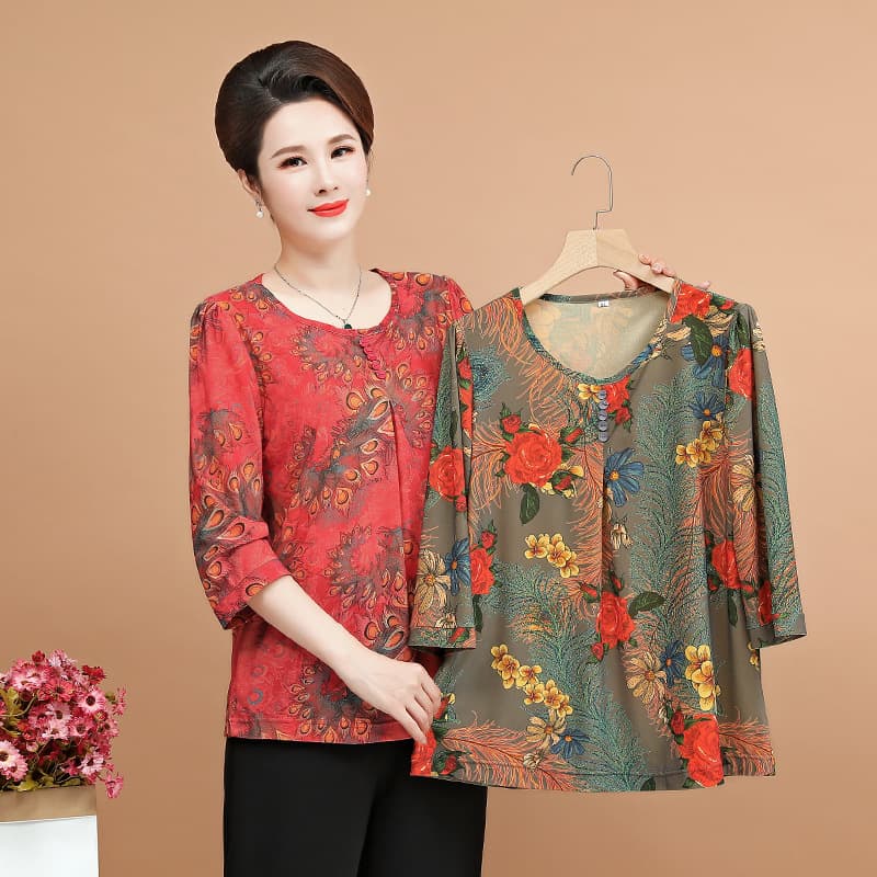 New Summer Blouse for Middle-Aged and Elderly Mothers, Loose-Fitting Medium Sleeve T-Shirt, Spring/Autumn Long Sleeve Top, Plus Size