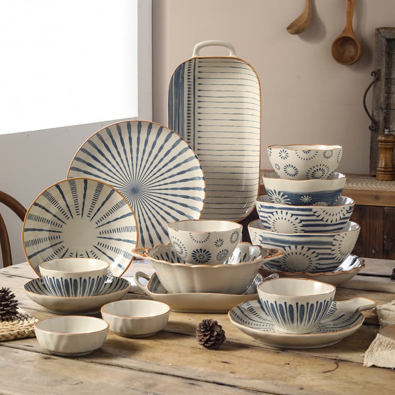 New Blue Rhyme Ceramic Dinnerware, Underglaze Color, Japanese Simple Line Bowls and Plates, Home Creative Fruit Plate