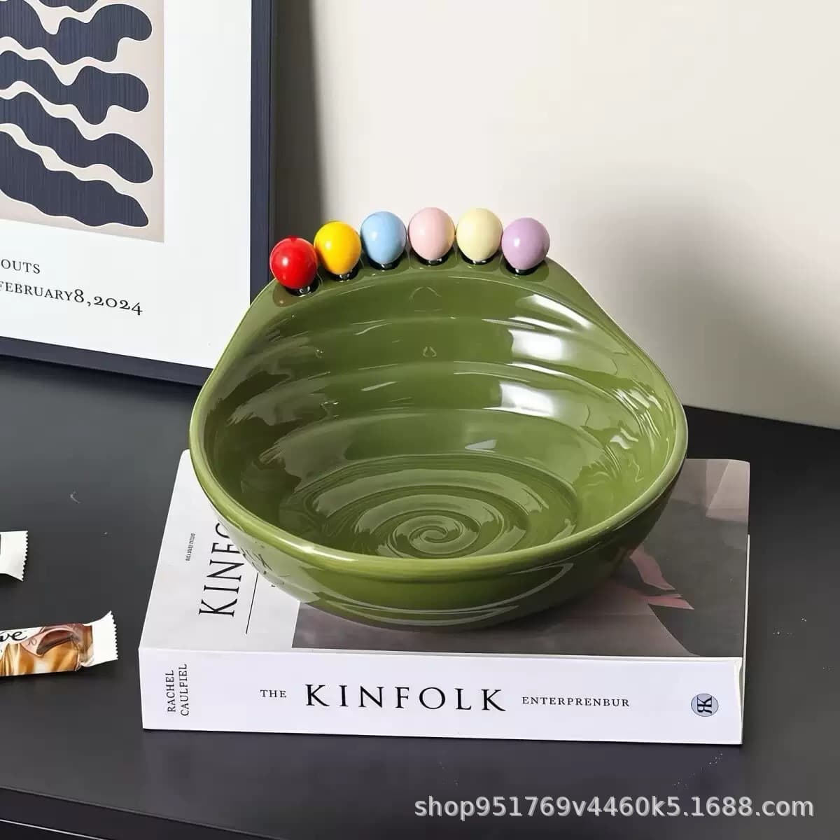Creative Ceramic Fruit Bowl for Living Room, Simple Nordic Style with Colorful Bead Decoration, Fruit Storage Tray