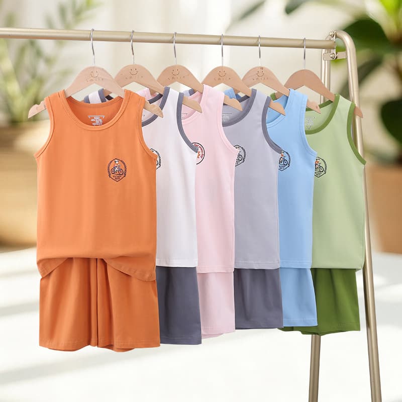 Children's Vest Set, Pure Cotton Summer Sleeveless Pajamas for Boys, Middle and Big Kids' Vest and Shorts Homewear for Girls