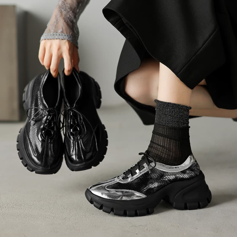Lizard pattern cowhide stitching comfortable heightening thick-soled dad shoes 2025 autumn high heel color matching casual sports shoes for women