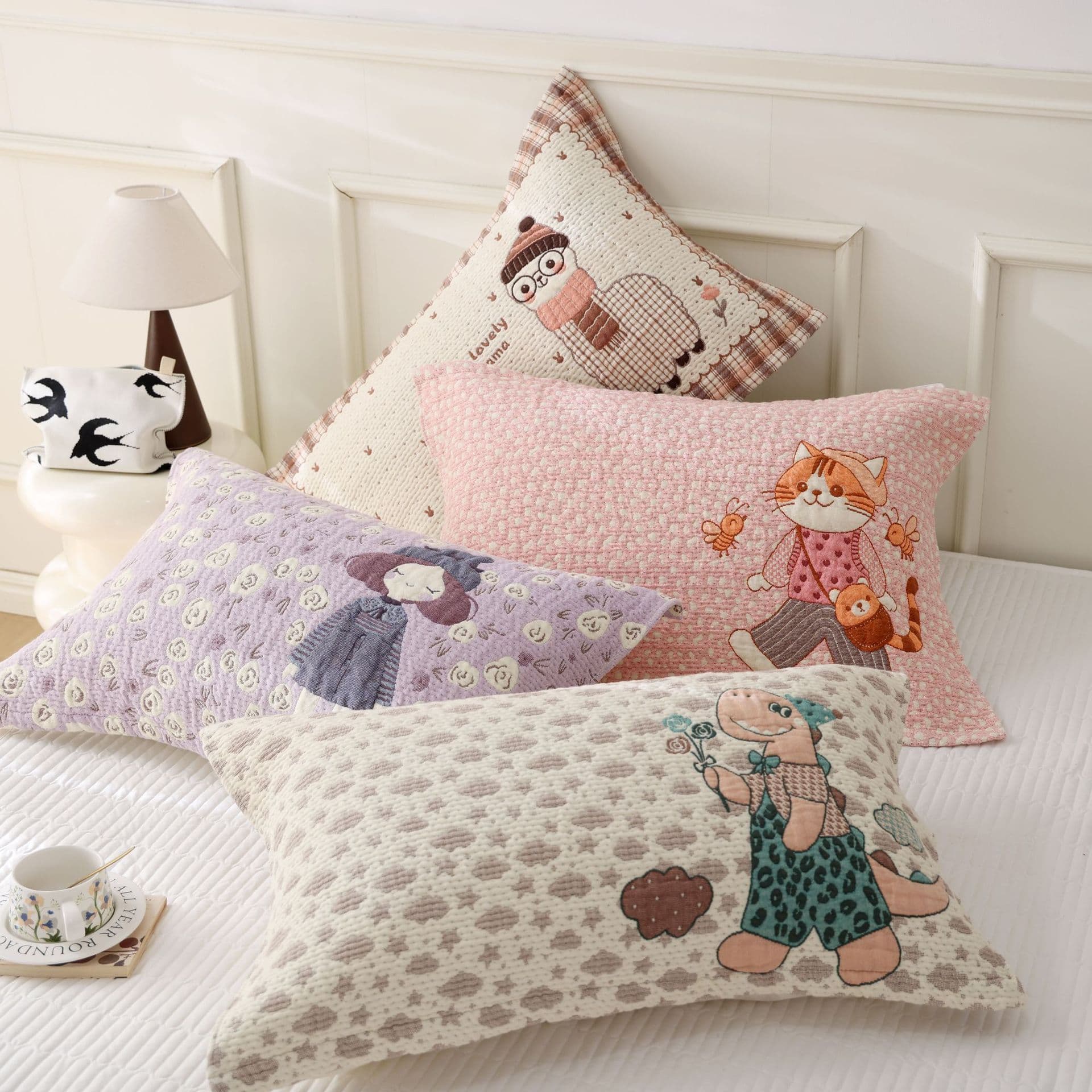 Cute cartoon soft gauze pillow towel, pair set for adults and couples, cotton cover towel for student dormitories and home use, all-season pillow towel.