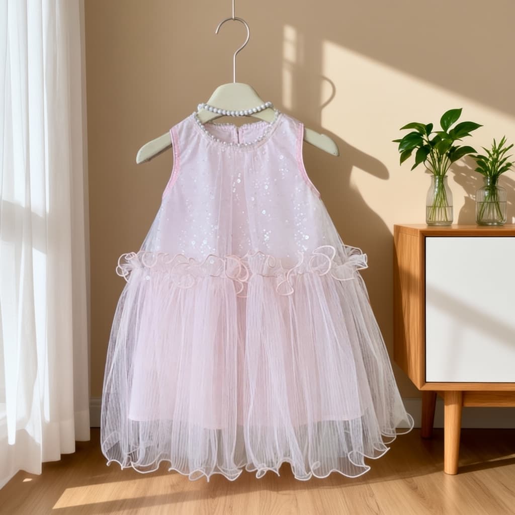Girls' Fashionable Princess Dress Summer New Lace Dress Baby Birthday Gown Sequined Princess Short Skirt
