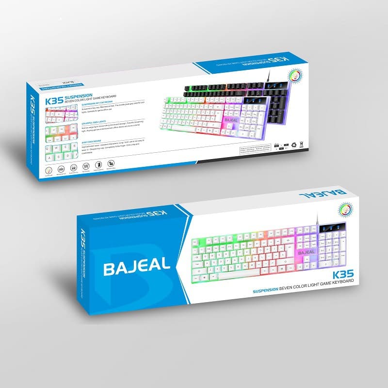 BAJEAL K35 Wired USB Keyboard, Mechanical Feel, Home Office Computer Floating Rainbow Glow Gaming Keyboard