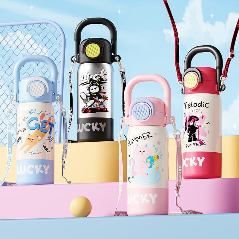 New 3-Way Drinking Cartoon Kids Cup 316 Stainless Steel Insulated Bottle with Carry Strap Large Capacity Flip Straw Water Bottle