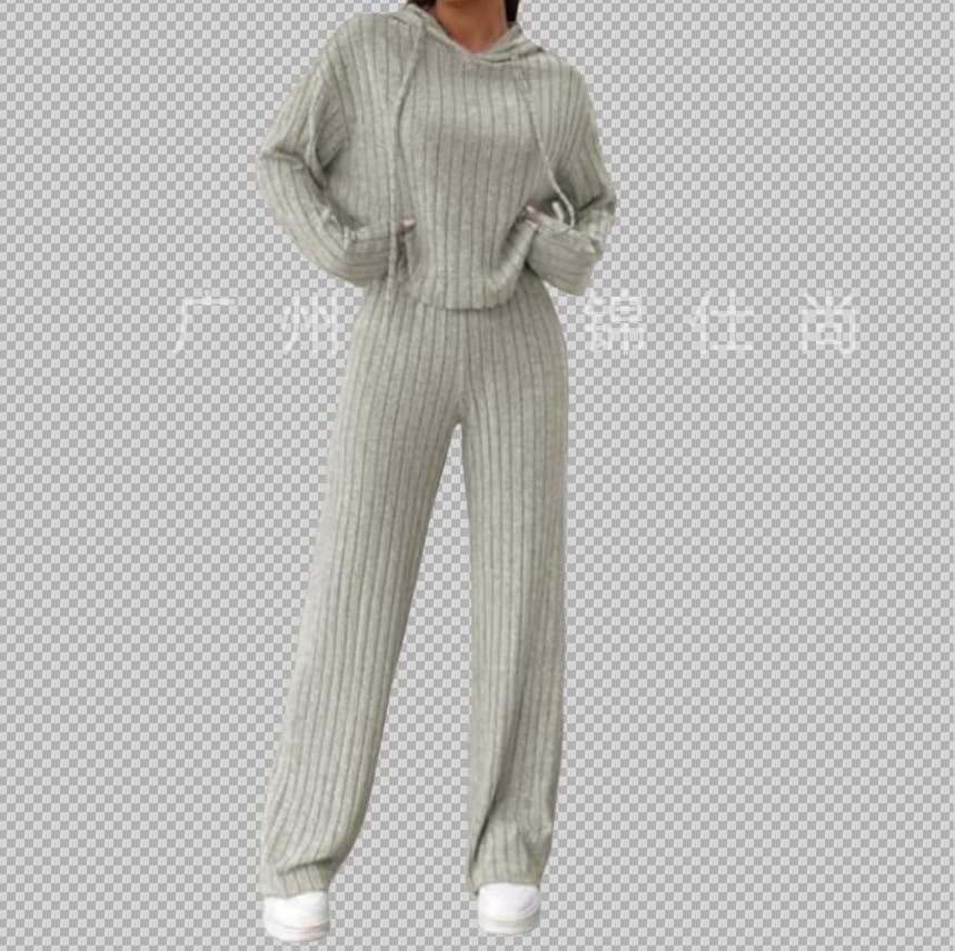 New Spring/Autumn Casual Knitted Striped Hoodie and Loose Long-Sleeve Pants Set for Women, Suitable for Cross-Border Trade to Europe and America