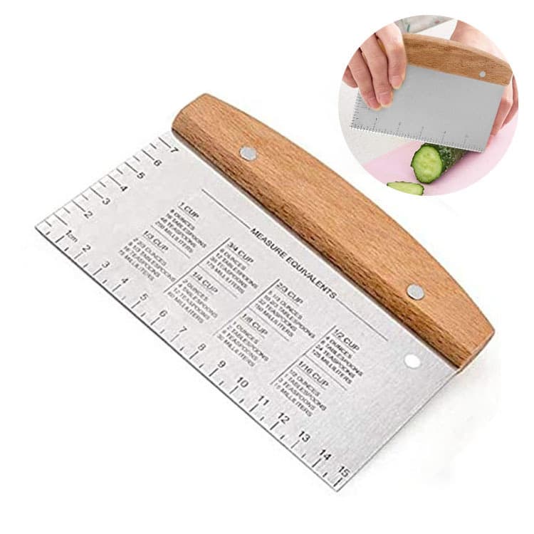 Factory-made wooden handle stainless steel pastry scraper with scale, flour cutter, dough scraper, baking tool
