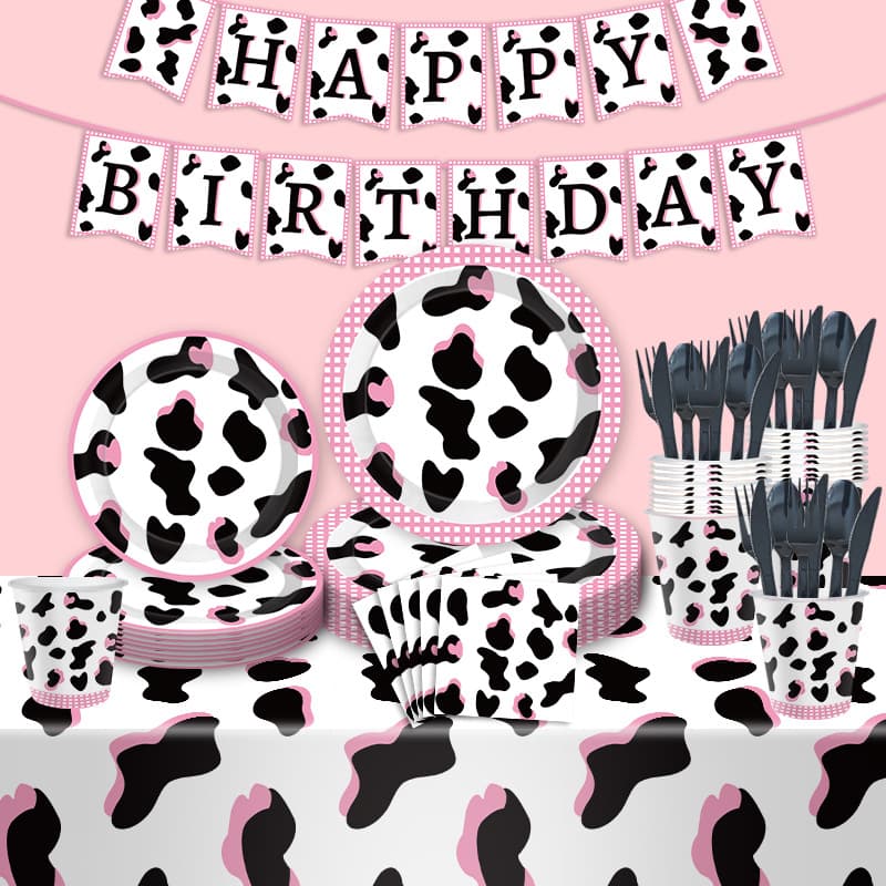 New Pink Black Cow Birthday Party Disposable Paper Plates Cups Napkins Children's Birthday Party Supplies