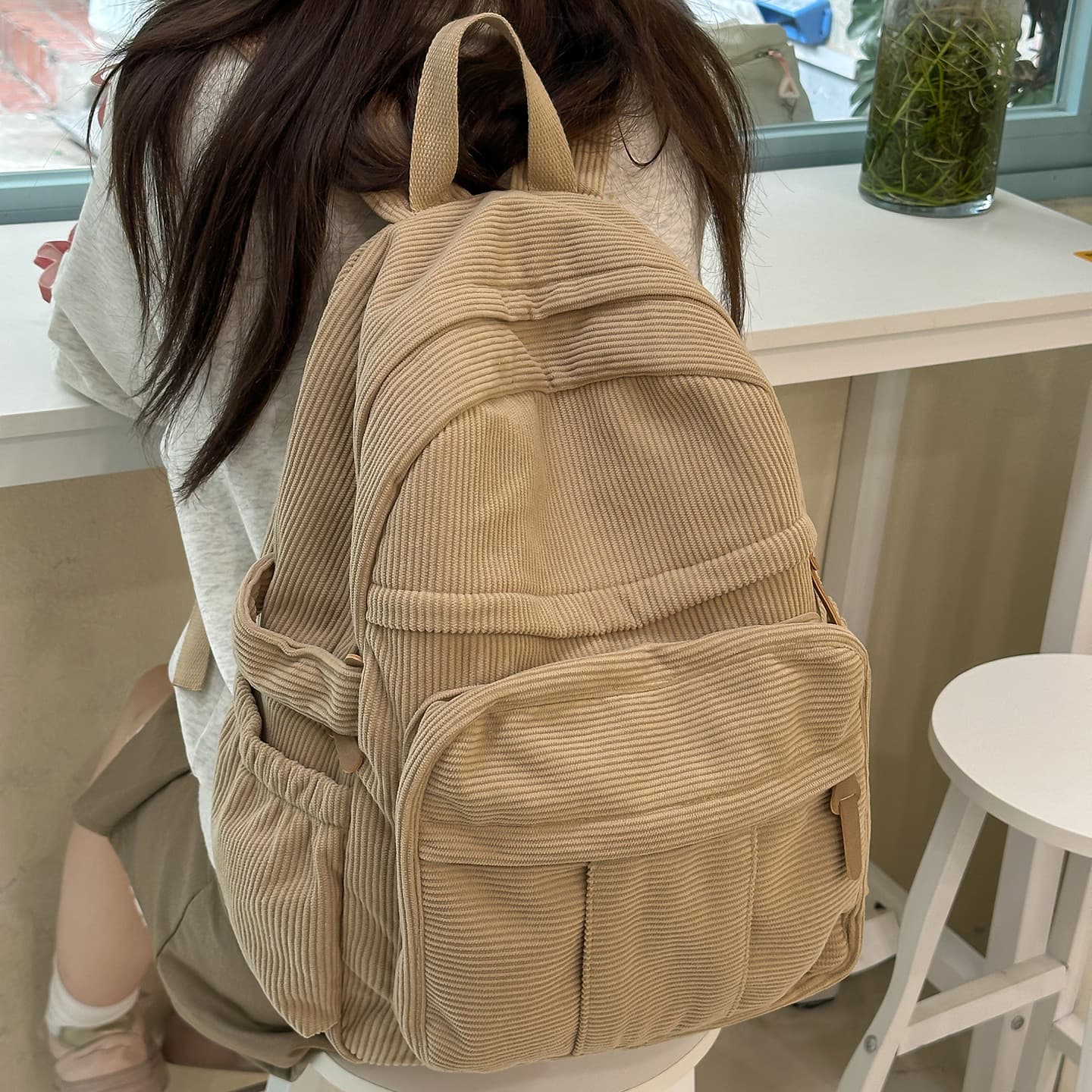 Solid Color Corduroy Backpack New Casual Girl's Double-Shoulder Bag Simple Design Lightweight Couple Corduroy Backpack