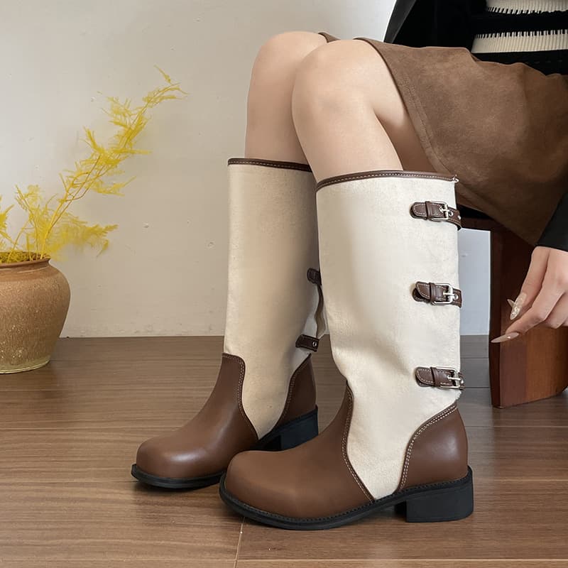 Western retro folding two-wear wide women's cowboy boots thick heel knight boots pile boots square toe splicing 2026 new tube
