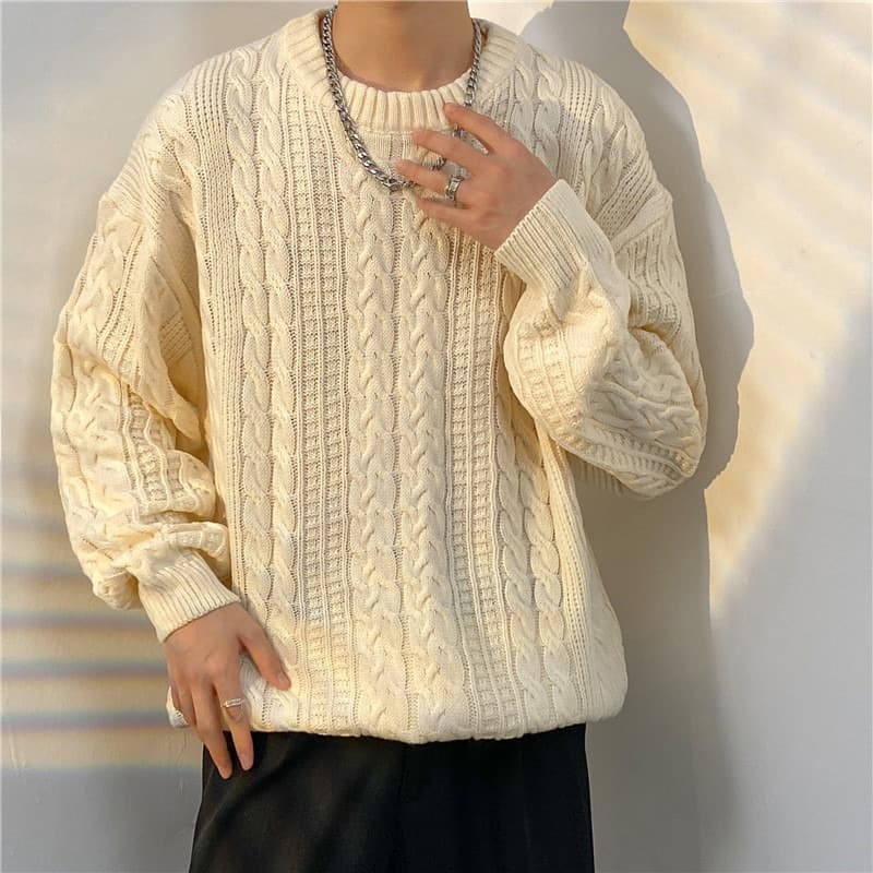 Cable Knit Sweater for Men, Round Neck, Loose Fit, Ins Style, Retro Autumn/Winter Knit Top, Hong Kong Streetwear Casual Pullover