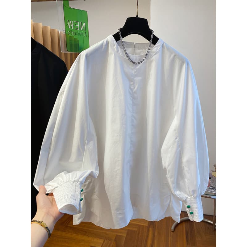 2025 Spring Chic Commuter Loose Lantern Sleeve Crew Neck Long Sleeve Pullover Woven Solid Top