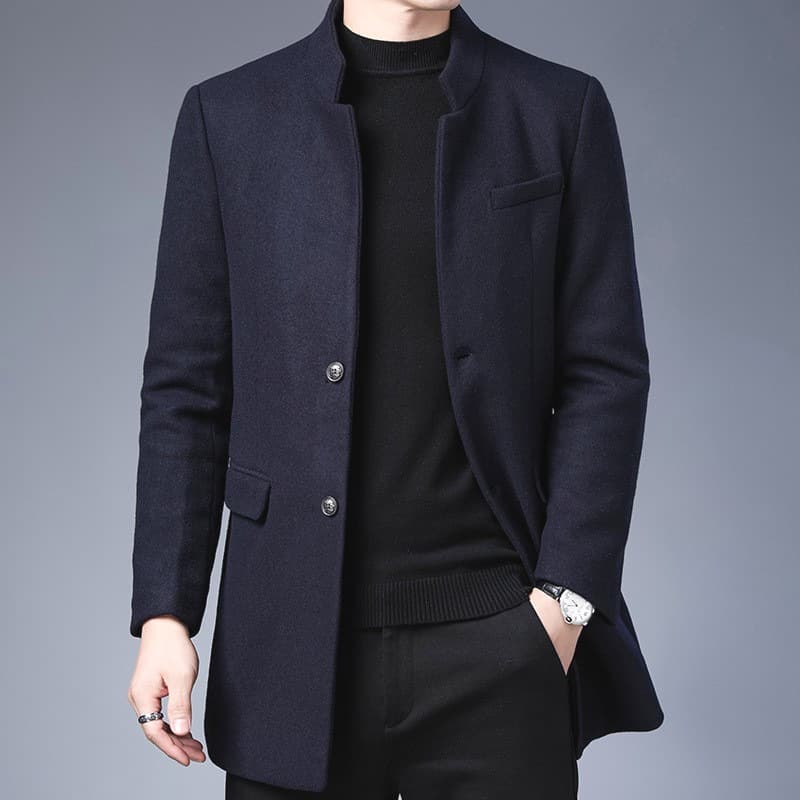 Men's British Style Mid-Length Woolen Coat Thickened Jacket Fashionable Casual Winter Outerwear Polyester Fiber Straight Hem