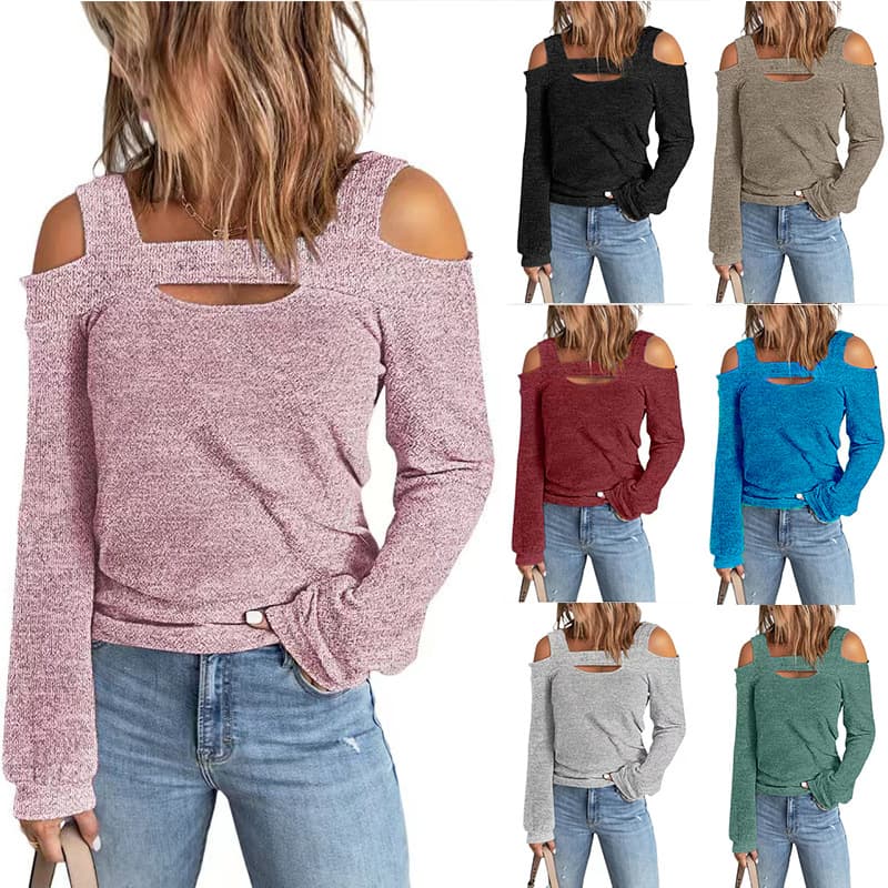 2023 Fall/Winter Women's Fashion Casual Solid Off-Shoulder Loose Long Sleeve T-Shirt for Amazon Wish Cross-Border