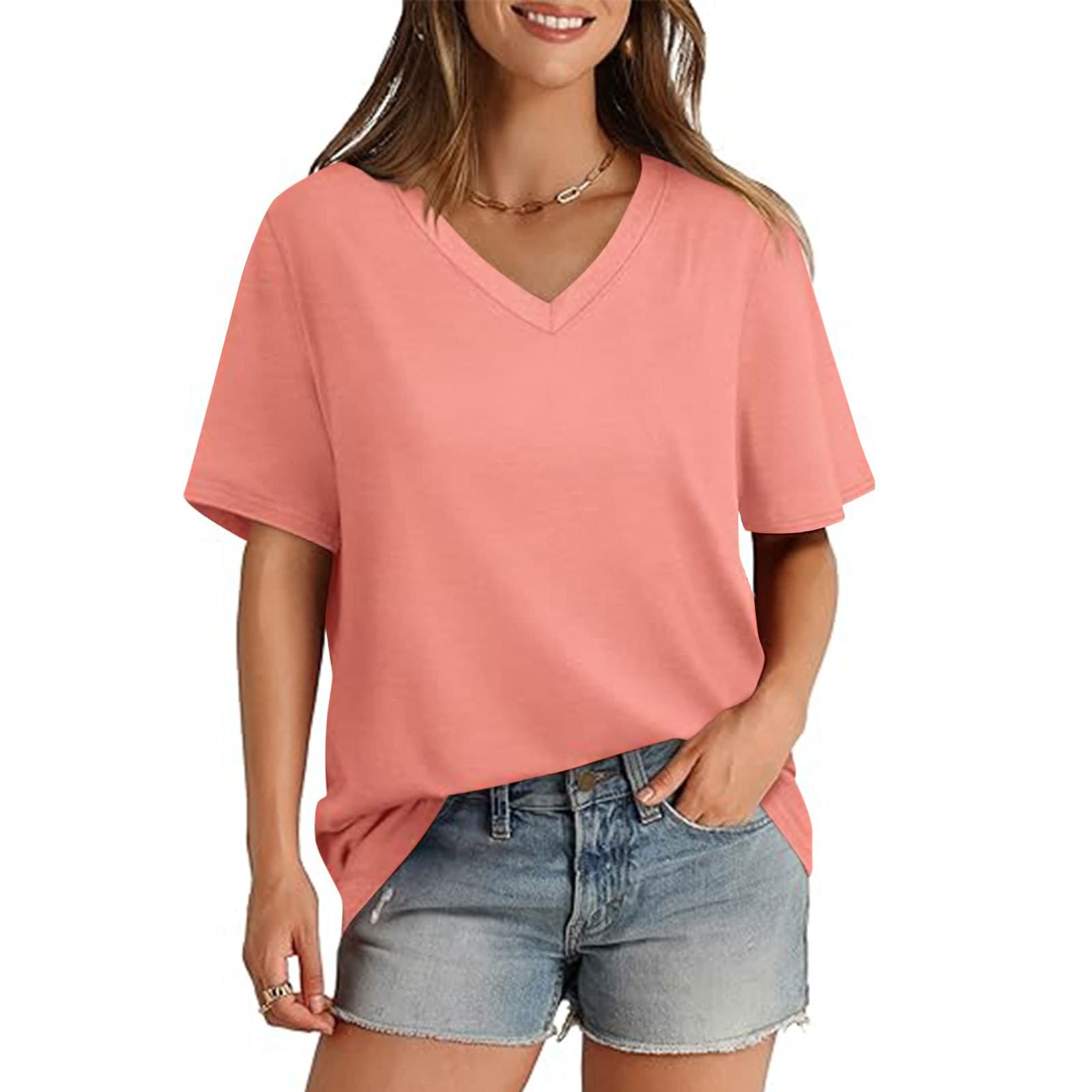 Women's V-Neck Short Sleeve Casual Loose T-Shirt Top