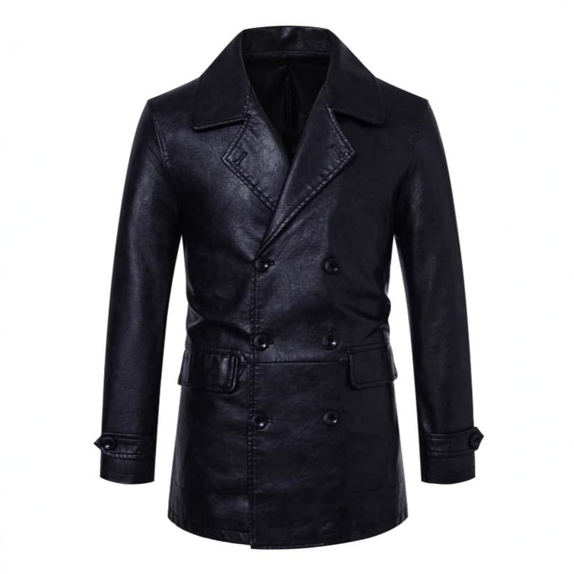 Cross-border European size men's PU leather jacket mid-length double-breasted slim trench coat spring and autumn style black trendy leather coat