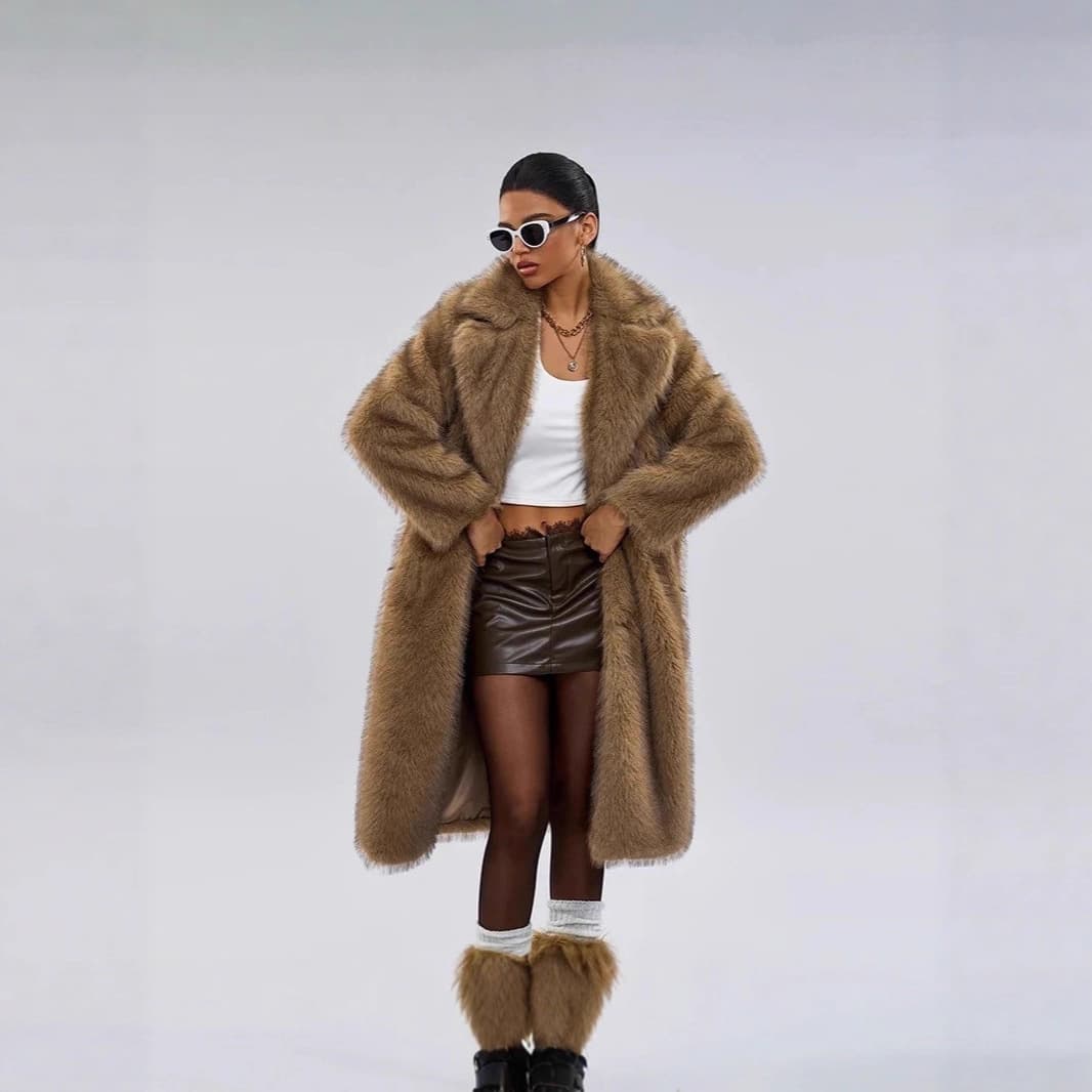 European and American Autumn Winter Women's Extra Long Faux Fur Suit Collar Outerwear Artificial Fur Faux Fur Coat Top