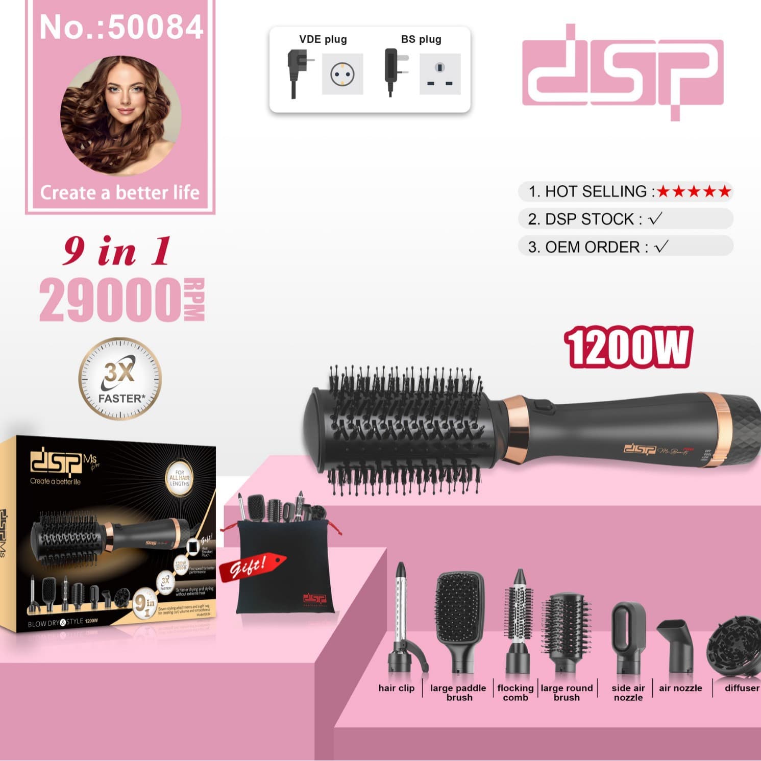 DSP/Dansong 9-in-1 Hair Styling Brush Set, Multifunctional Straightening and Curling Hot Air Brush for Home Use, Gentle on Hair