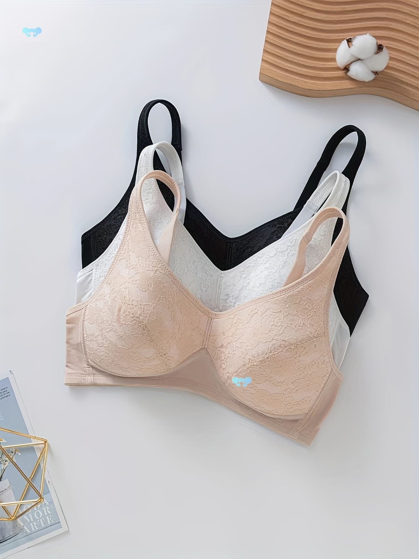 3-Pack Women's Floral Lace Wireless Bras - Comfortable Thin