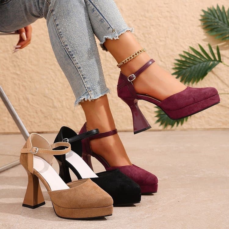Women's Suede High Heel Sandals 2026 Summer Platform Pointed Toe Ankle Strap Open Toe Hollow Out Sandals