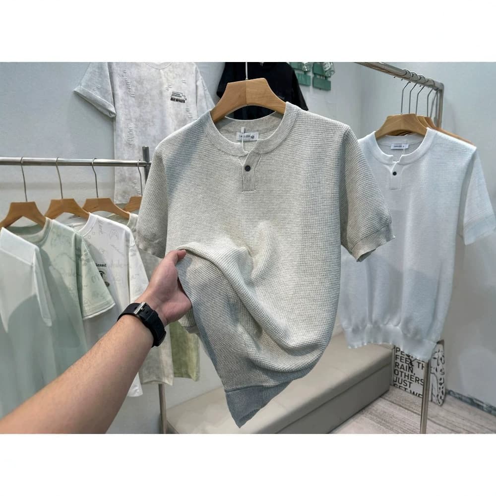 Men's Knitted Short-Sleeve T-Shirt Summer Men's Fashion Old Money Style Waffle Texture Trendy Brand Light Luxury American Style Henley Collar Top