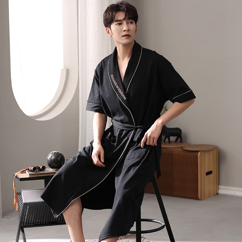 Men's Summer Cotton Short-Sleeved Mid-Length Bathrobe, Teenagers' Outerwear Pajamas, Loose Plus Size Morning Gown
