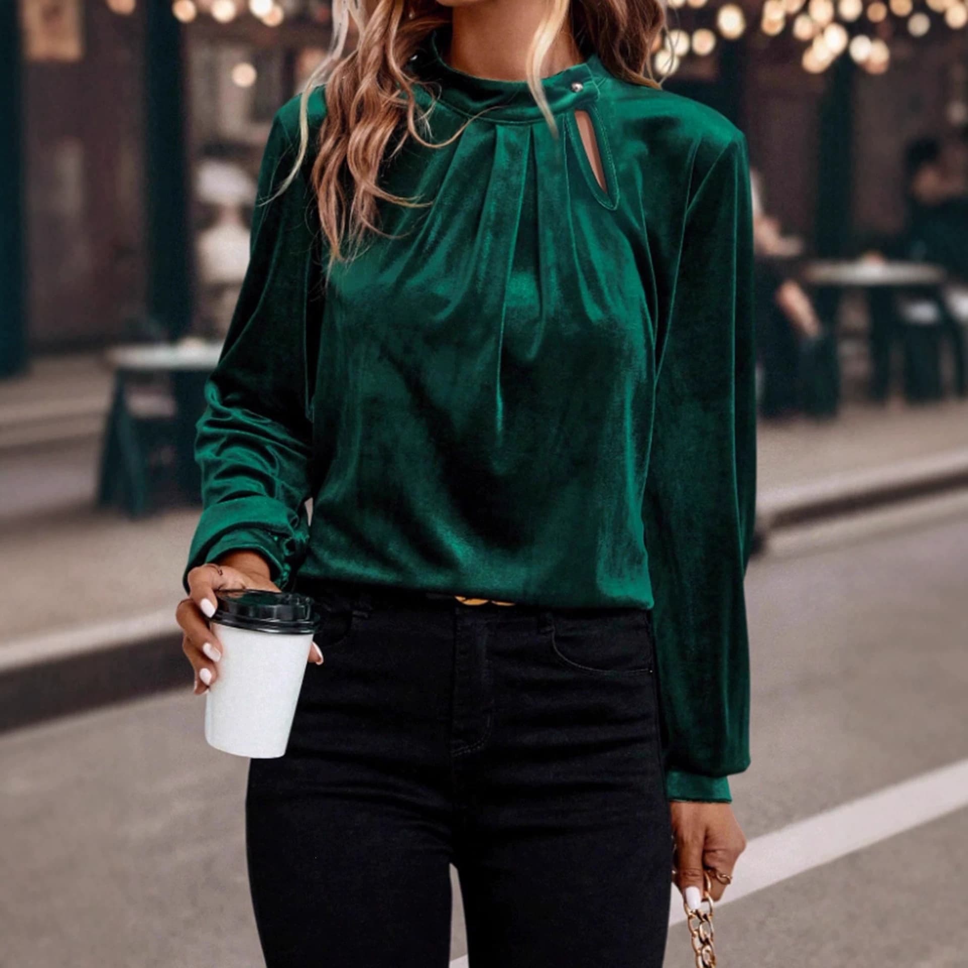 2025 Autumn/Winter New Solid Color Pullover Top for Women, European and American Elegant Loose Fit Concealing Long Sleeve Chiffon Blouse