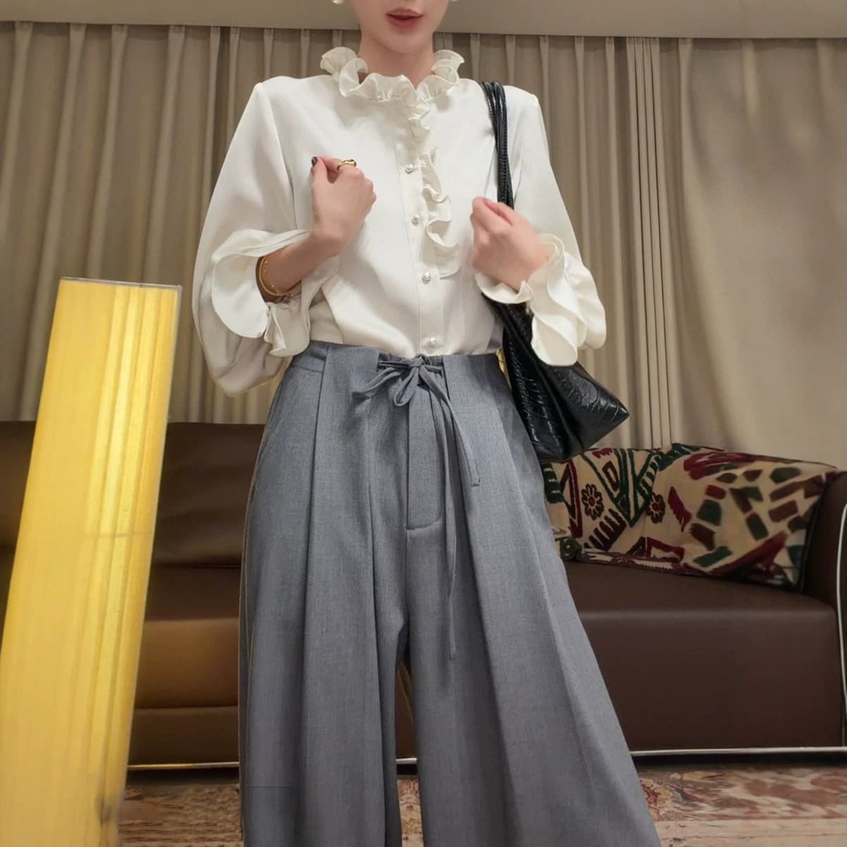 Yueya Vintage Pearl Satin Ruffled Lantern Sleeve Blouse for Women