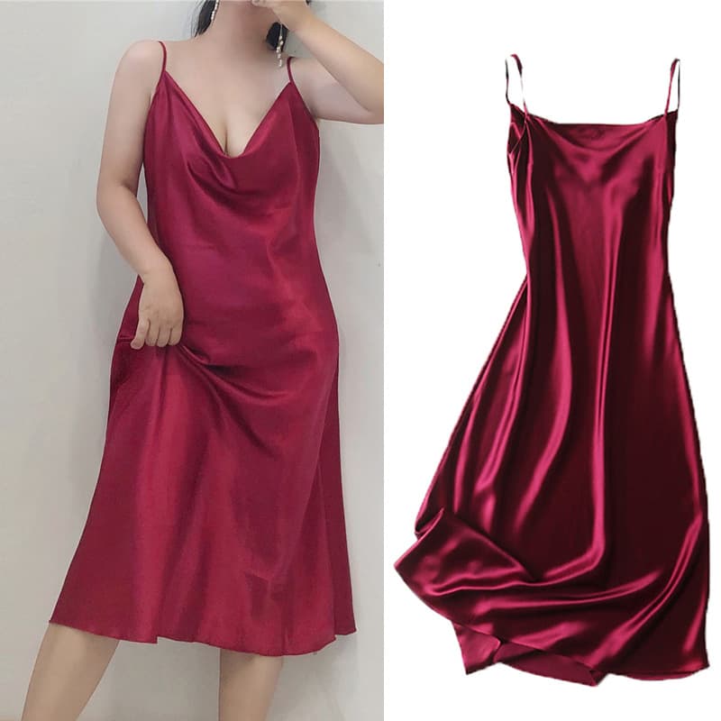 Plus Size 200lb Sexy Draped Neck Ice Silk Satin Midi Slip Nightgown for Women, Elegant and Thin
