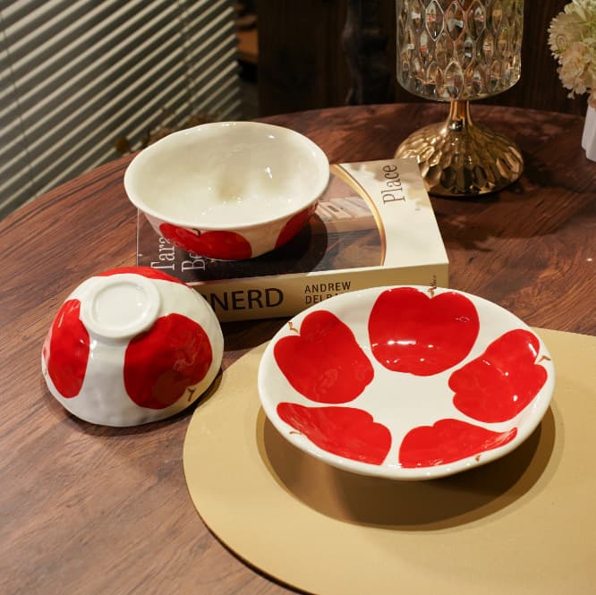 Red Apple Dinner Plate and Salad Bowl, Premium Minimalist Ins Large Apple Series, Dessert Bowl, Rice Bowl, Small Soup Bowl, and Plate
