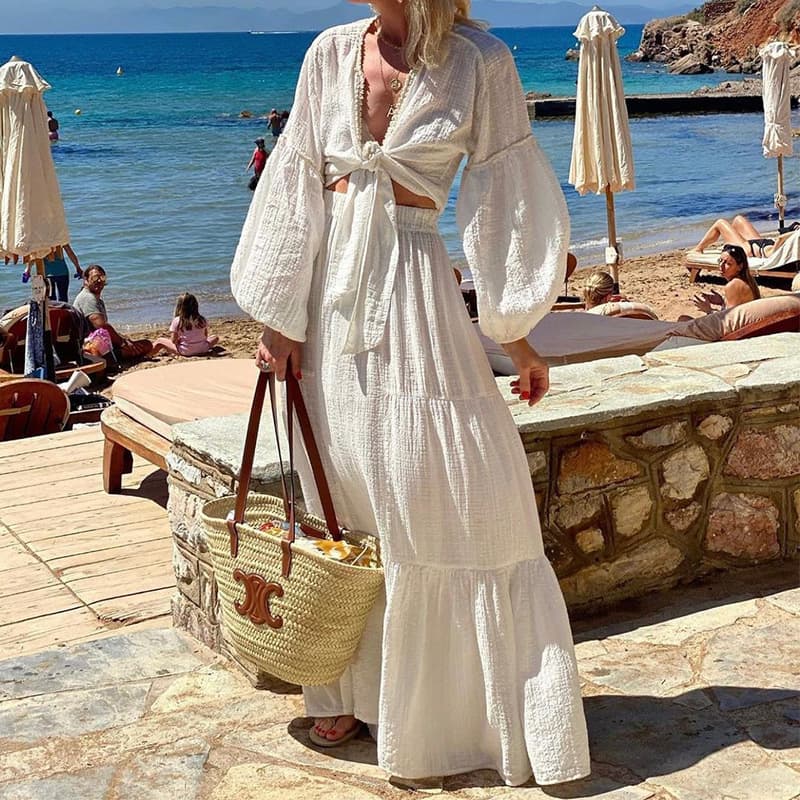 FD1316 In Stock 2023 Summer New Cross-Border Women's Bohemian Resort Cardigan A-Line Skirt Two-Piece Set