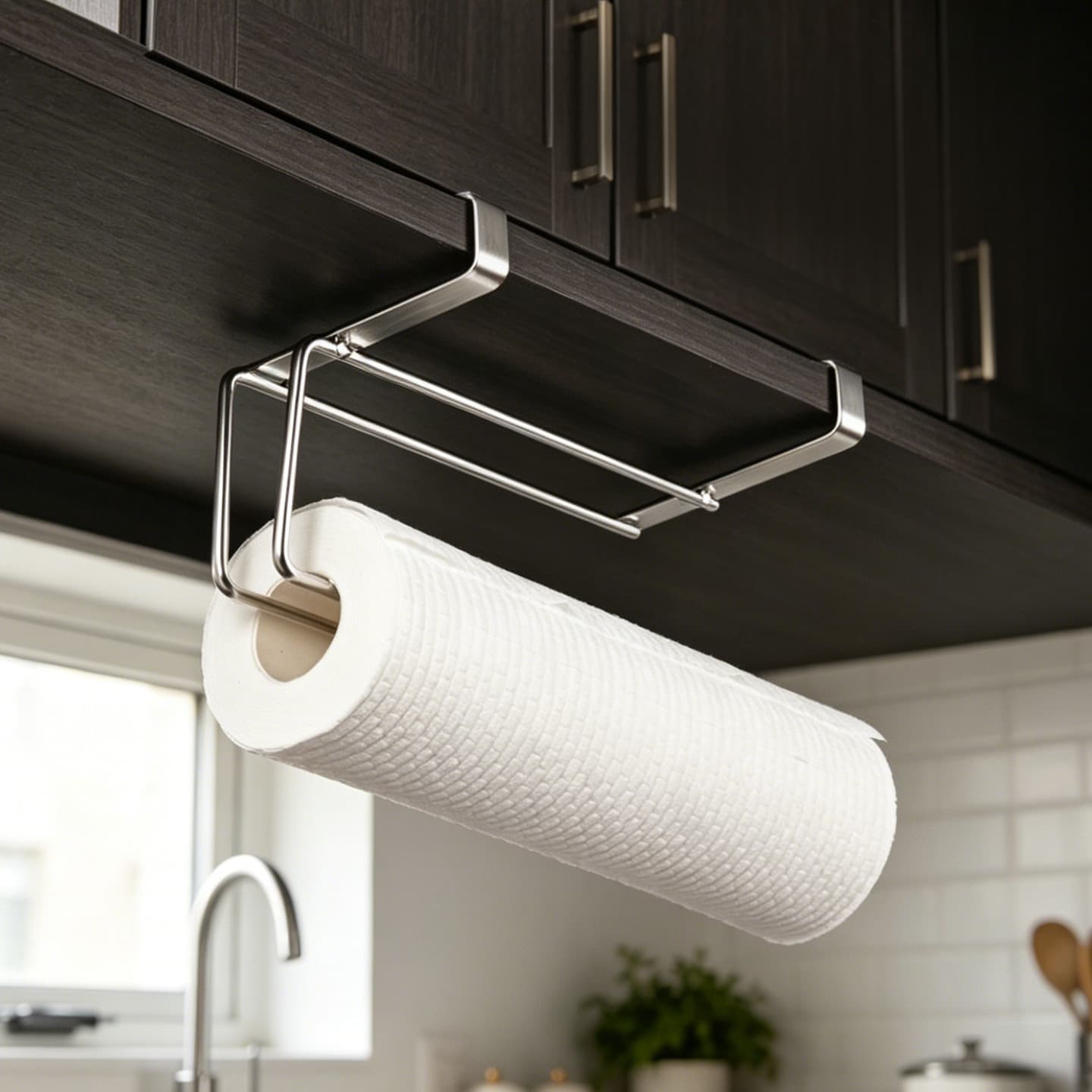 304 Stainless Steel Kitchen Paper Towel Holder, No-Drill Under-Cabinet Roll Paper Rack, Plastic Wrap Storage, Cleaning Cloth Hanging Rod
