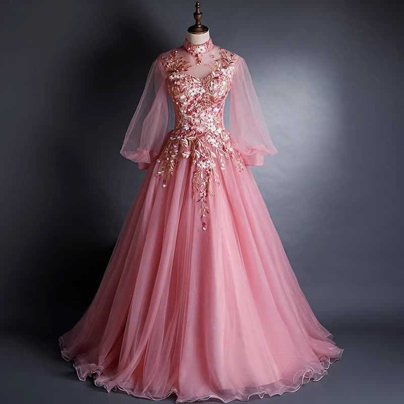 Pink evening dress long-sleeved mesh three-dimensional embroidery large hem tutu skirt adult ceremony toast performance long dress for women