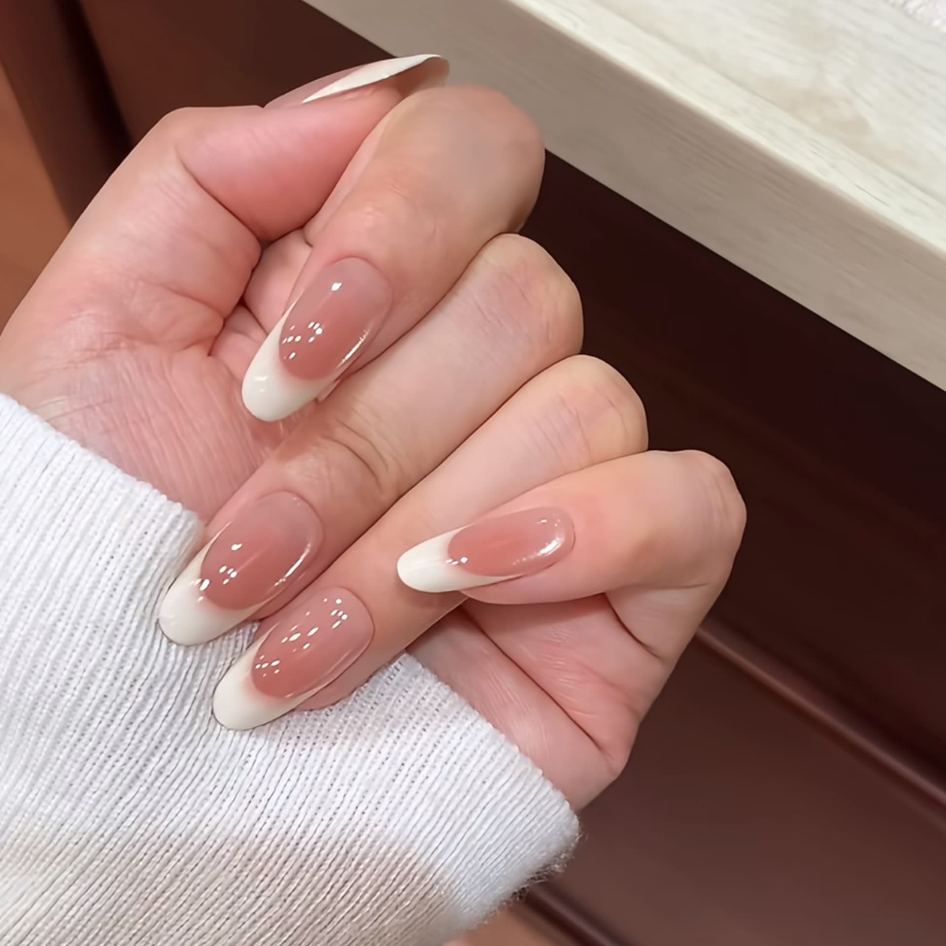 Nude Pink Milky White Gradient French Style Gentle Half-Sugar French Cat Eye Press-On Nails Clear Nude Versatile Nail Tips