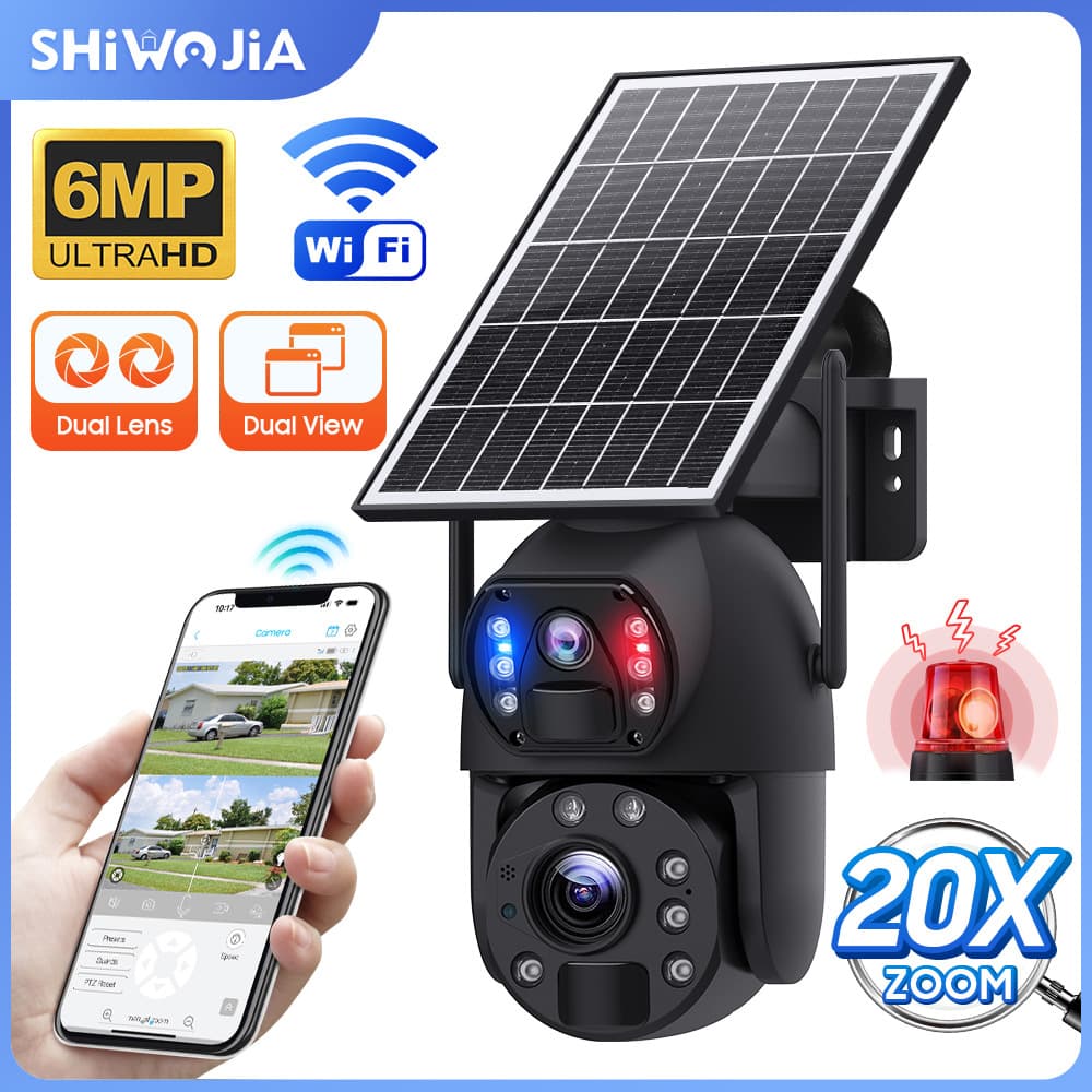 Dual Lens Solar Camera 6MP HD Surveillance Bullet Ball 20x Zoom Outdoor 4G Camera Wireless