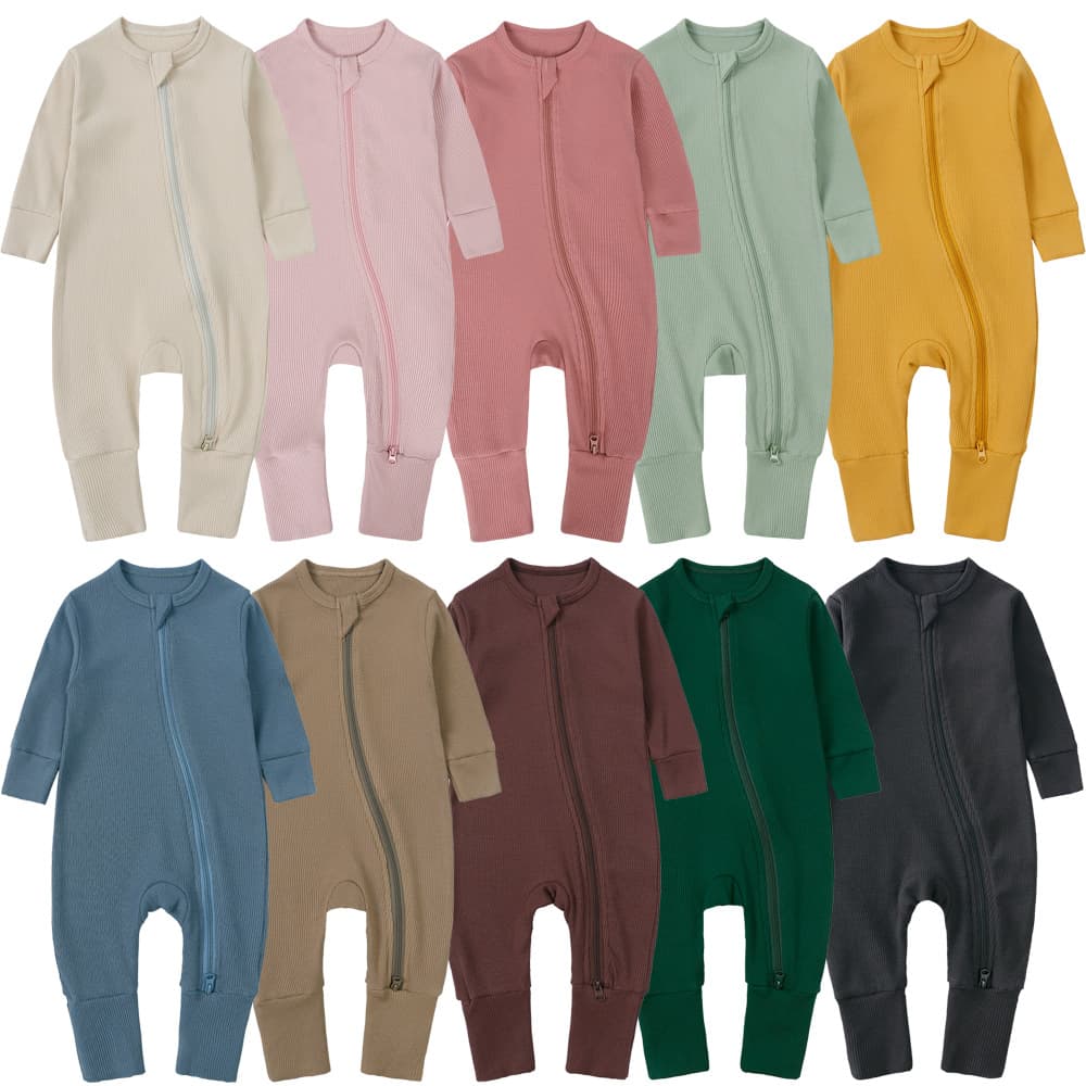 Bamboo Fiber Baby Romper with Ribbed Knit, Long Sleeve, Double Zipper, Hand and Foot Cover, Baby Sleepwear for Spring, Autumn, and Winter