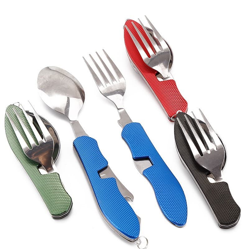 Manufacturer direct aluminum handle tri-fold knife, stainless steel camping foldable and detachable knife, fork, and spoon combo, multifunctional outdoor.