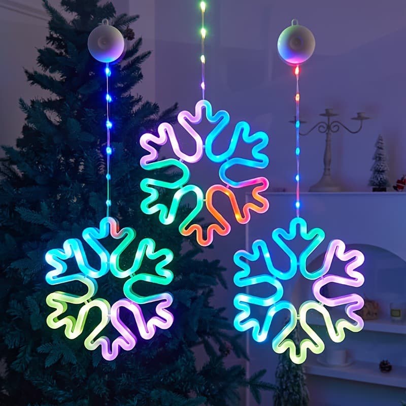 Cross-border RGB Colorful Snowflake Suction Cup Light, Holiday Window Decoration Shaped Light, Battery-Powered Christmas Courtyard LED Color Light