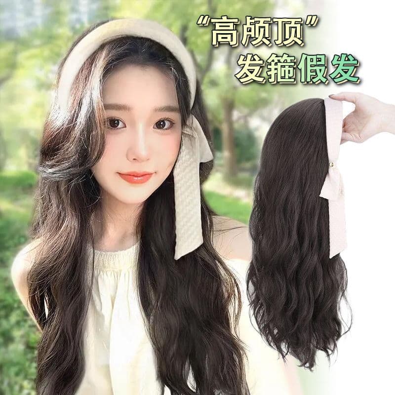 Headband Wig Integrated French Cream Half Wig with Real Human Hair Long Curly Fashion Full Wig Hairpiece